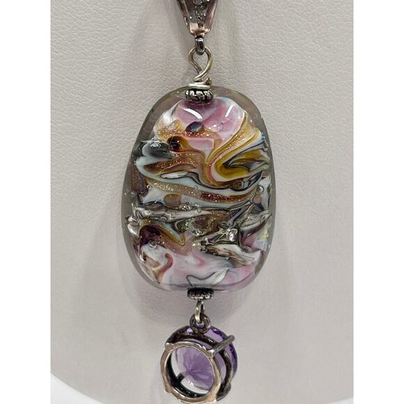 Sterling Silver Pink Gold Art Glass Helix Solitaire Amethyst Pendant Necklace - Picture 9 of 11